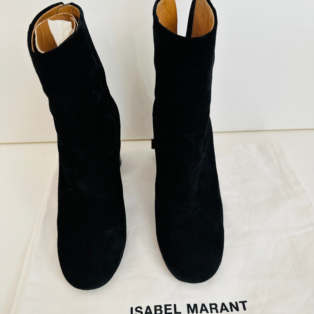Isabel Marant black suede stacked block heel back zip ankle boot size 37